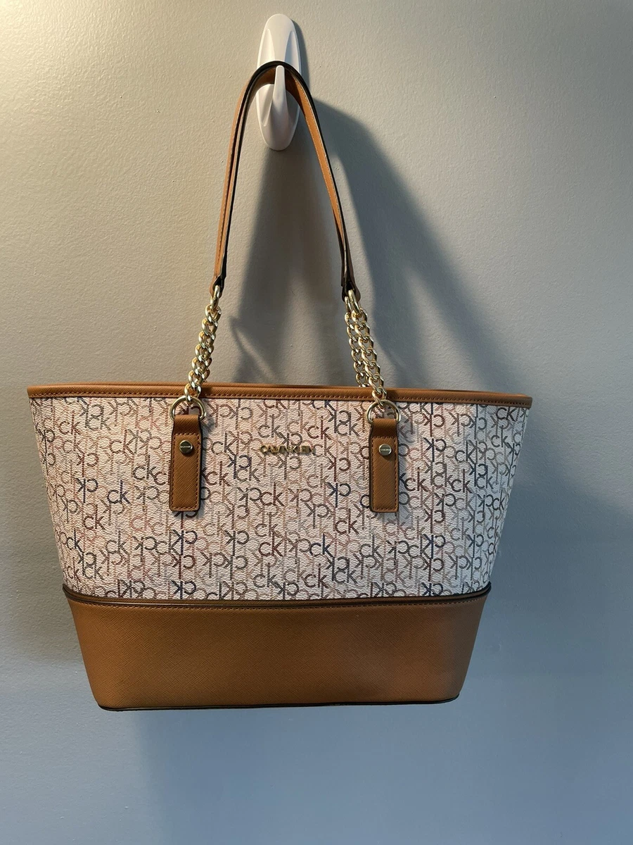 NEW W/Out Tags Calvin Klein Women's White Brown Tan Logo Handbag Purse