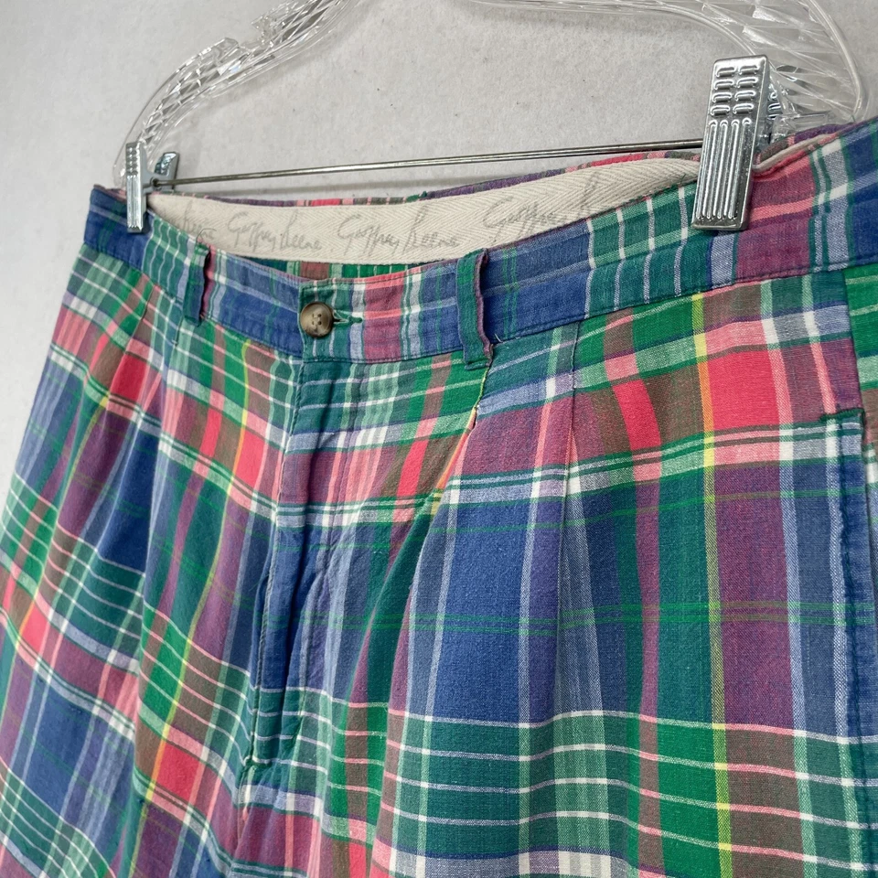 GEOFFREY BEENE Shorts Mens 36 Chino 6" Madras Plaid Pleated Cotton Blue Green - Image 2 of 4