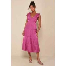 NWT Lulus Exemplary Shine Magenta Organza Tie-Strap Tiered Midi Dress