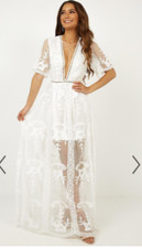 Women White BOHO Maxi Vneck Floor Length Lace Elegant Floral Beach Dress SMALL 