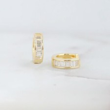 Simulated Diamond Mini Baguette Hoop Huggies Earrings 14k Gold Plated Silver