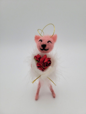 Felted Wool Christmas Ornament Pink Cat Bride Kitty Kitten Feather Dress P7