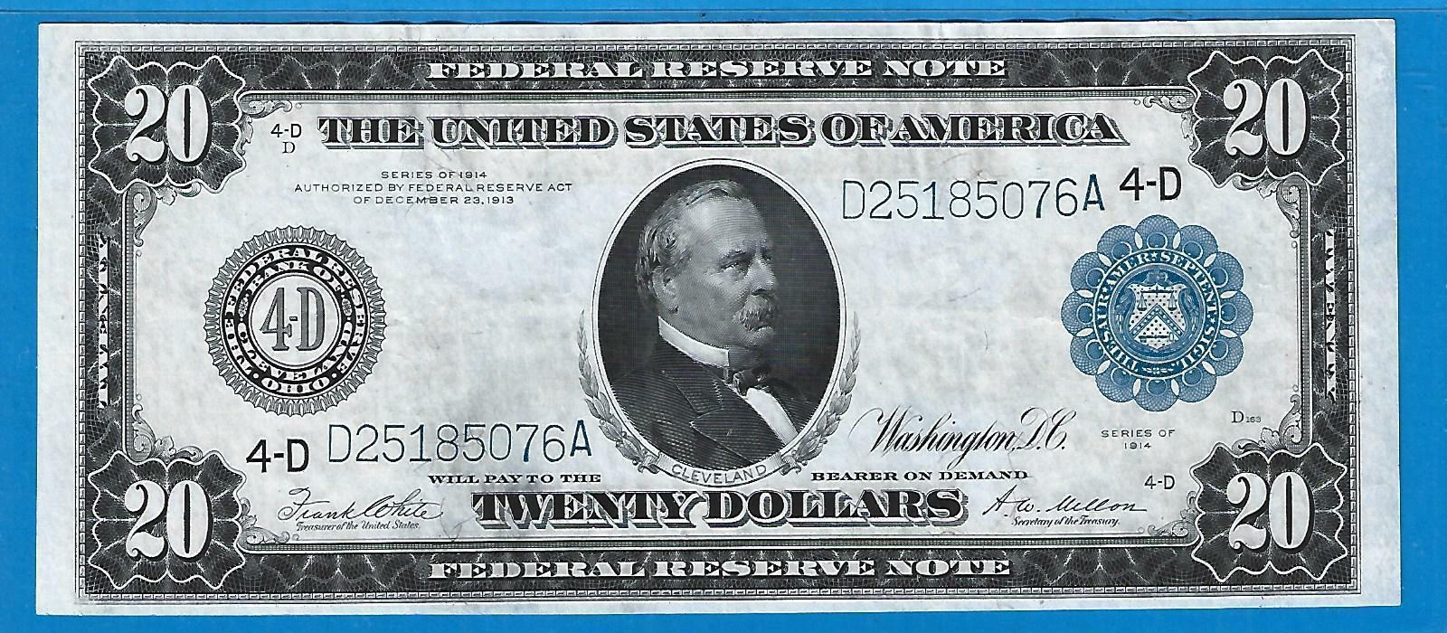 1914 $20 FRN 4-D Cleveland FR 979a F Crisp low-pricing Extra Los Angeles Mall Seal Blue Large