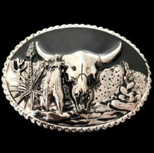 Solid 935 Argentium Silver Western Texas Longhorn Steer Animal Men's Belt Buckle