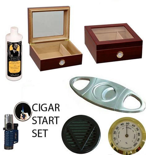 50 ct CIGARS HUMIDOR GLASS TOP GIFT SET LIGHTER CUTTER Cedar lined Cherry finish - Picture 1 of 8