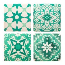 Set of 4 Mediterranean Mosaic Ceramic Green White Coasters Sass & Belle