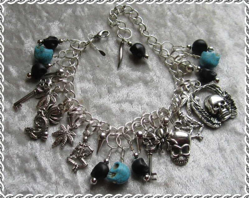 Turquoise and Black Howlite Skull Charm Bracelet  - Image 2 of 4