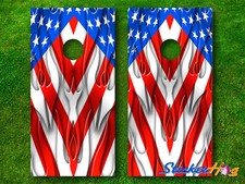 Amercian Flag Ghosted Flames Decals Cornhole Game Board Wraps Pair