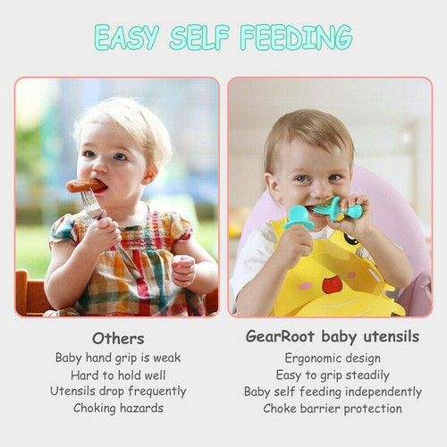 Baby Spoon & Fork Toddler Utensils Self Feeding Training Silicone Cutlery Set - Picture 10 of 17
