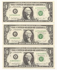 AU+ 3 PC LOT 1988-A $1 FRN Boston MA Web Notes! AE Block 913E-