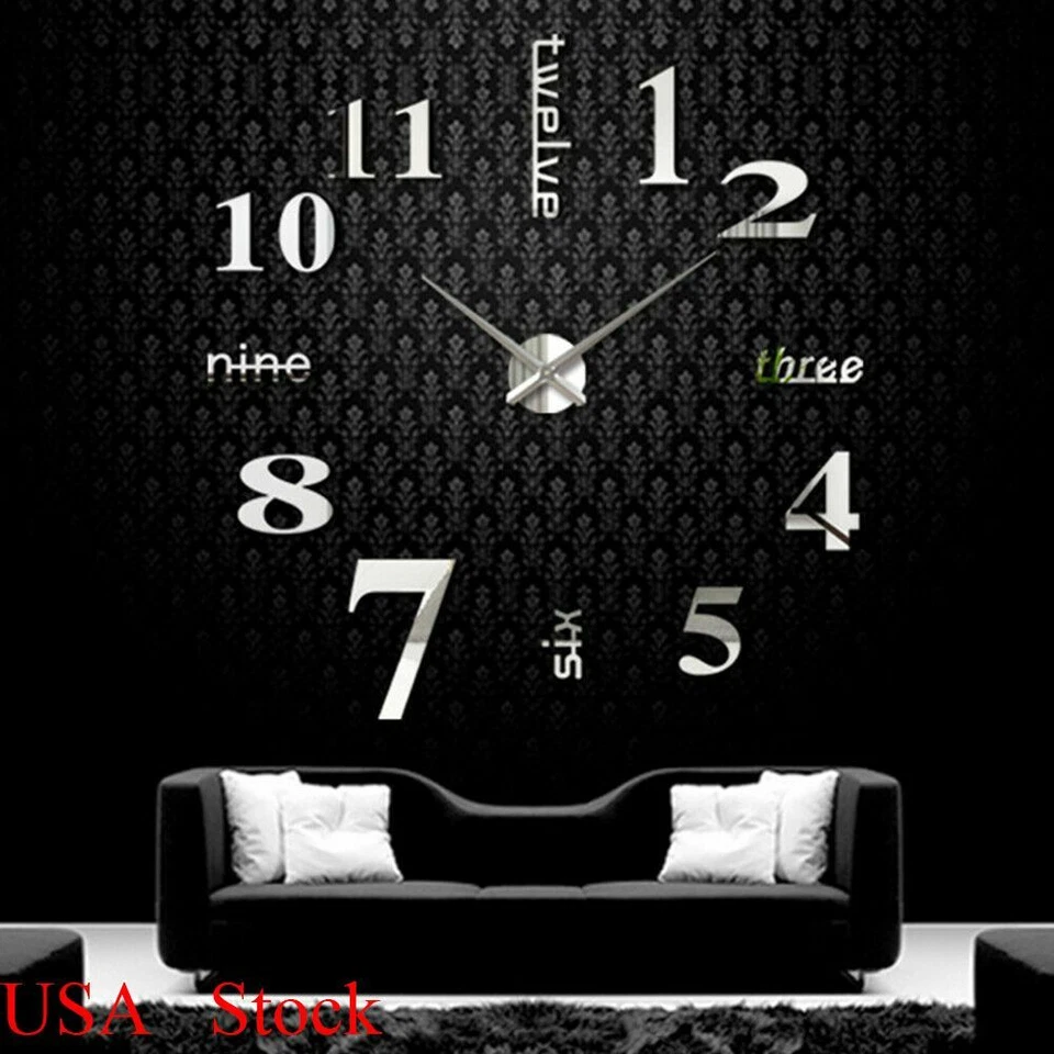 Novelty Stick-on Large Wall Clock 3D DIY Mirror Sticker Surface Home Decor Art - Image 3 of 4
