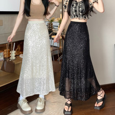 Gonna Maxi Fishtail Donna Sequin Alta Vita Elastico Spacco Bodycon Bling Glitter