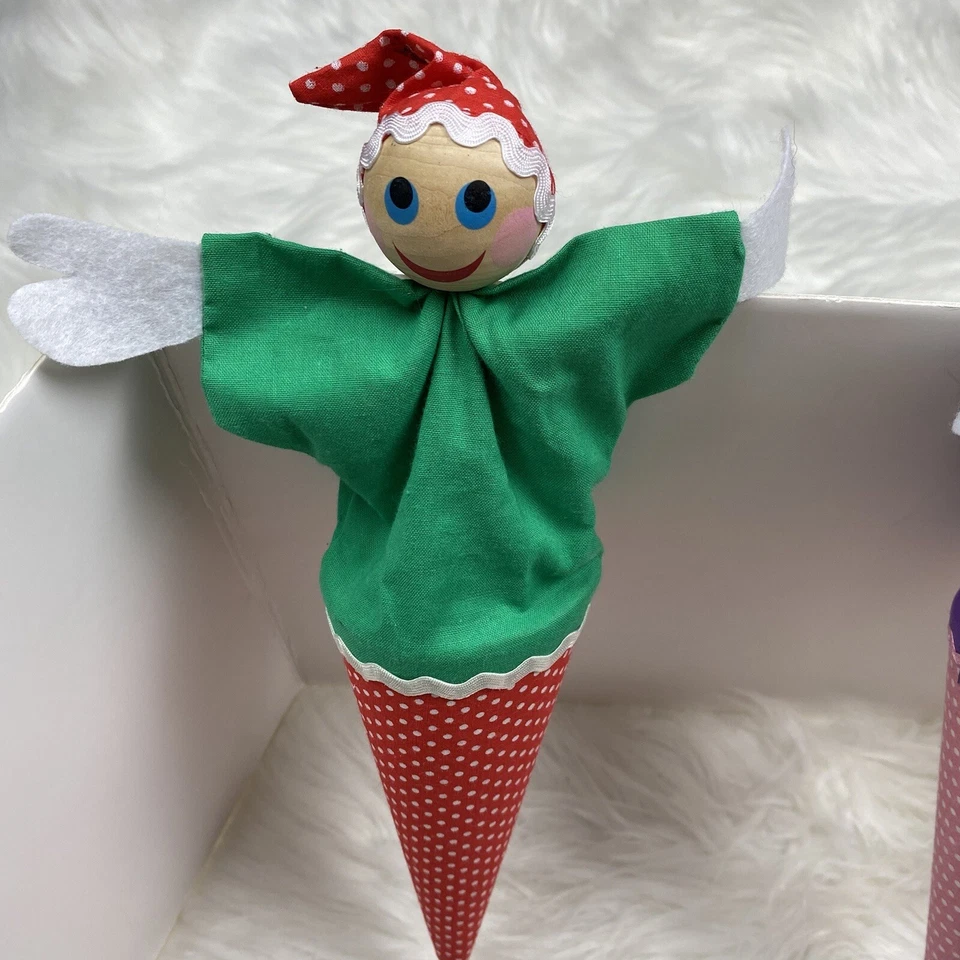 Vintage Peek-A-Boo Set of 2 Pink Purple Girls Puppet Pop Up Cone Wooden Stick - Image 4 of 4