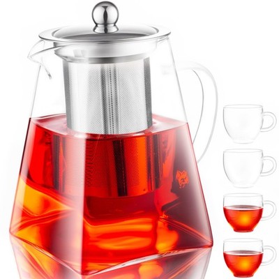 Spring Chef GlasTeekanne + 4 Tassen mit Sieb, 950 ml, quadratische GlasTeekan...