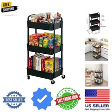 3-Tier Plastic Rolling Utility Cart with Wheels for Storage,Black  Multi-Fun...