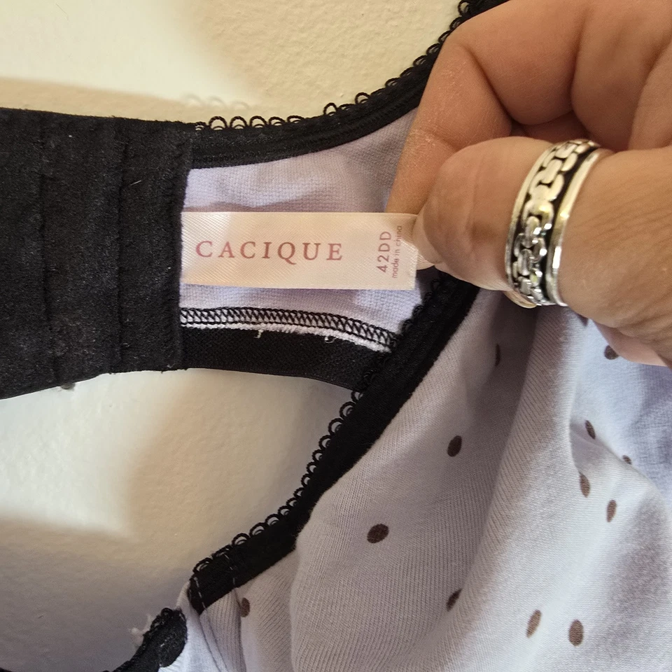 Cacique Plunge Womens 42DD Black white Polka Dot Bra Underwire french balconette - Image 2 of 4