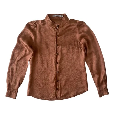 Tiger of Sweden Blouse Silk Hammered Copper Brown Stand Collar Shirt EU 38 M - Bild 1 von 4