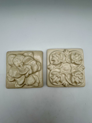 2 Hand Made Floral Studio Art Tiles Signed, 4'' x 4'', Unique Wall Decor Off White