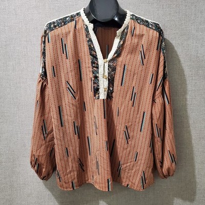 Vintage Ces Femme Womens Small Rust Brown Boho Floral Lace Trim Tunic Blouse Top