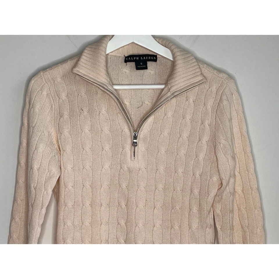Suéter Ralph Lauren Etiqueta Negra Cachemira Tejido con Cable Cuarto Cremallera Crema Para Mujer M Foto 4 de 4