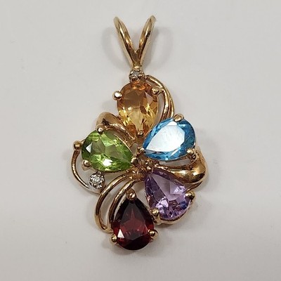 Vintage massiver 10K YG mehrfarbiger Topas Granat Amethyst Citrin Peridot Anhänger