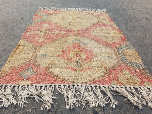 Vintage Handmade Traditional Geometric Beige Kilim Floor Rug Carpet 86x64cm