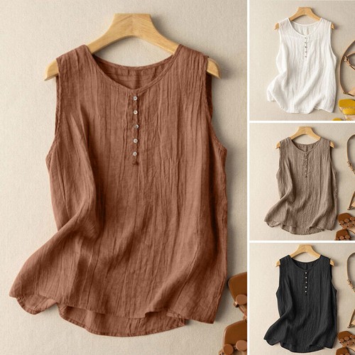 Summer Tank Vest Shirt Cotton Linen Sleeveless O-Neck Tops Blouse Tee Ladies