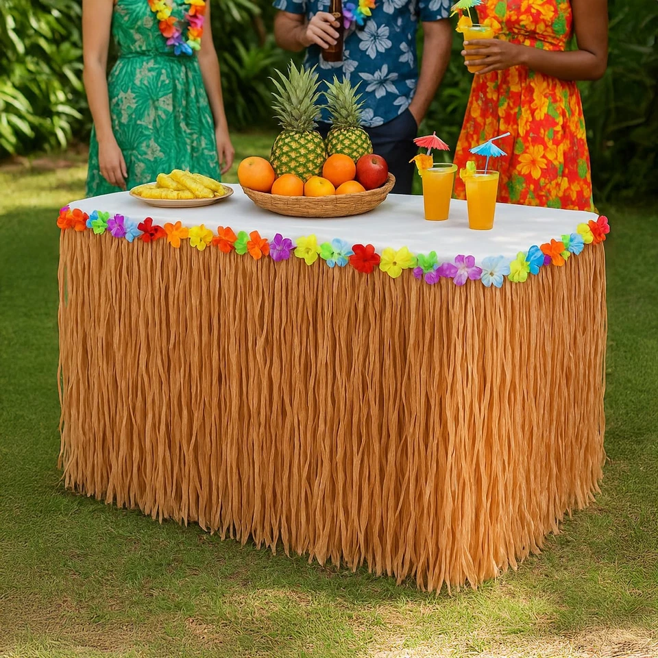 Luau Tropical Grass Table Skirt, 9 ft x 29.5 Inch Hibiscus Flower Fringe Decor - Image 2 of 4