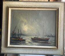 ::SIGNIERTES ÖLGEMÄLDE HAFEN UND SCHIFFE SEGELBOOT AM HAFEN IM MONDSCHEIN