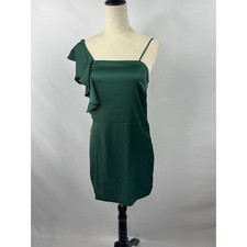MNG Mango Slip Dress Hunter Green Size Small Ruffle Shoulder Satin Effect Mini