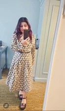 Luxury Style Midi Dress Beige & Black Geometric Print with Belt | AU 6–10