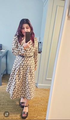 Luxury Style Midi Dress Beige & Black Geometric Print with Belt | AU 6 10
