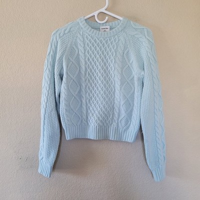 Aritzia Sunday Best Womens Lima Wool Cable Knit Sweater 2XS Pastel Blue Ribbed