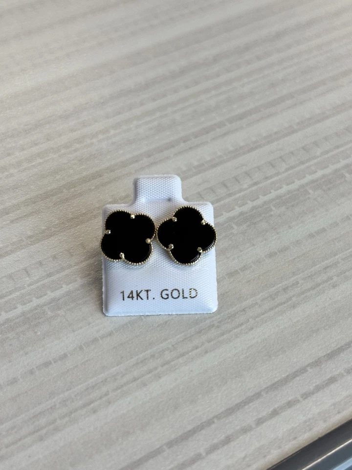 14K Solid Yellow Gold Flower Earrings. Black Flower Clover. Aretes De Trebol - Image 2 of 3