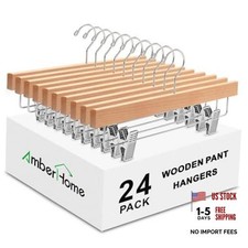Pack Wooden Pants Hangers with Clips, 14" Natural Wood Skirt  Trouser 24