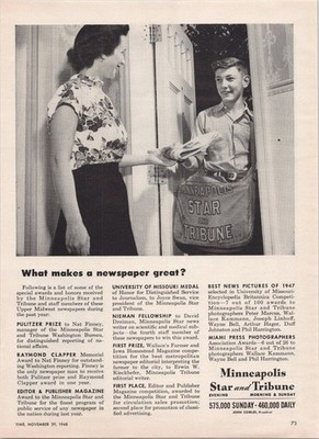 Minneapolis Star and Tribune 1948 Vintage Print Ad Newspaper Awards