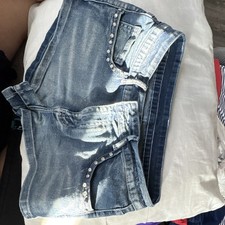 Womens Blue Light Wash Denim Shorts Rhineston...