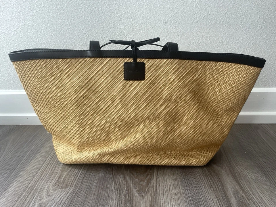 Соломенная сумка-тоут COLE HAAN с черной отделкой и яблоками клетчатая подкладка галстук закрытые карманы - Изображение 3 из 4