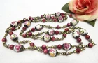 Vintage Floral Porcelain & Red Glass Bead Necklace, Extra Long 50"