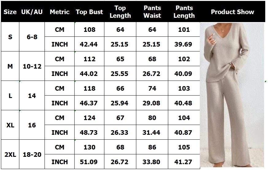 2PCs Ladies Lounge Wear Tracksuit Ribbed Knit Loose V Neck Tops Pants Casual Set - Image 3 of 4