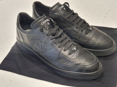 CHANEL CC Black Leather Low Top Trainers Size EU45 *AUTHENTIC*