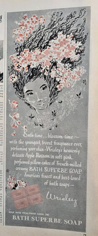 1960 Wrisley Bath Superbe Soap Flowing hair flowers art Vintage Ad