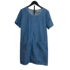 VTG Erika Casuals Denim Polka Dot Shift Dress Blue Medium 90s Cotton Pocket