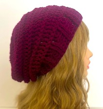 SLOUCHY BEANIE HAT CAP FUCHSIA PURPLE TEXTURED EDGE ACRYLIC HANDMADE CROCHET