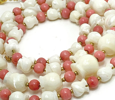 Pikake Tulip Necklace Carved Bead Hawaiian Graduated Mother of Pearl & Coral 32''