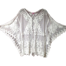 Lace Wrap Kimono Coverup L XL White Sheer Boho Floral Embroidered Open Front