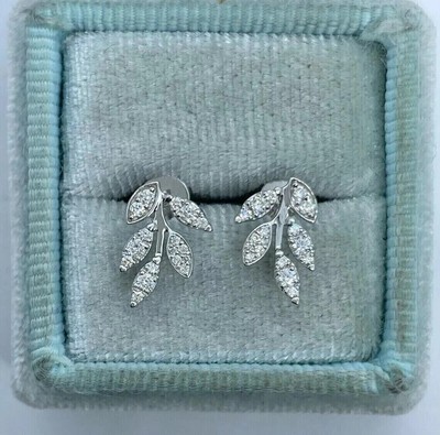 Women's Leaf Stud Earring 1Ct Round Cut Simulated Diamond 14K White Gold Plated