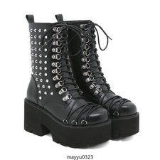 Womens Punk Lace Up Platform Chunky High Heel Rivet Ankle Boots Biker Shoes Hot