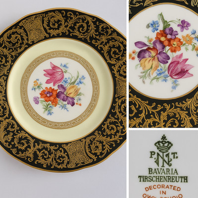 Bavaria Tirschenreuth Plate   Rococo Revival Black & Gold, Floral 1 Pc