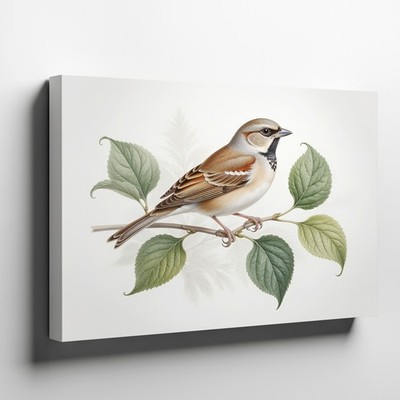 Vintage sparrow bird canvas wall art with green leaves nature decor print